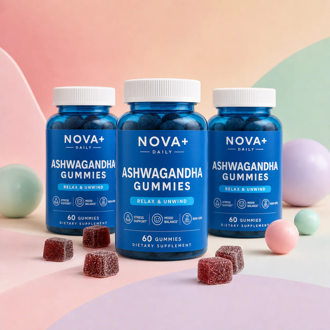 NOVA+ Daily Ashwagandha Gummies in a pastel wellness setting